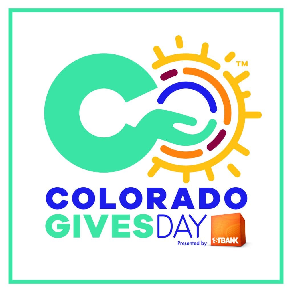 Logo for Colorado Gives Day, featuring a stylized sun and hand design with text and a bank sponsor.
